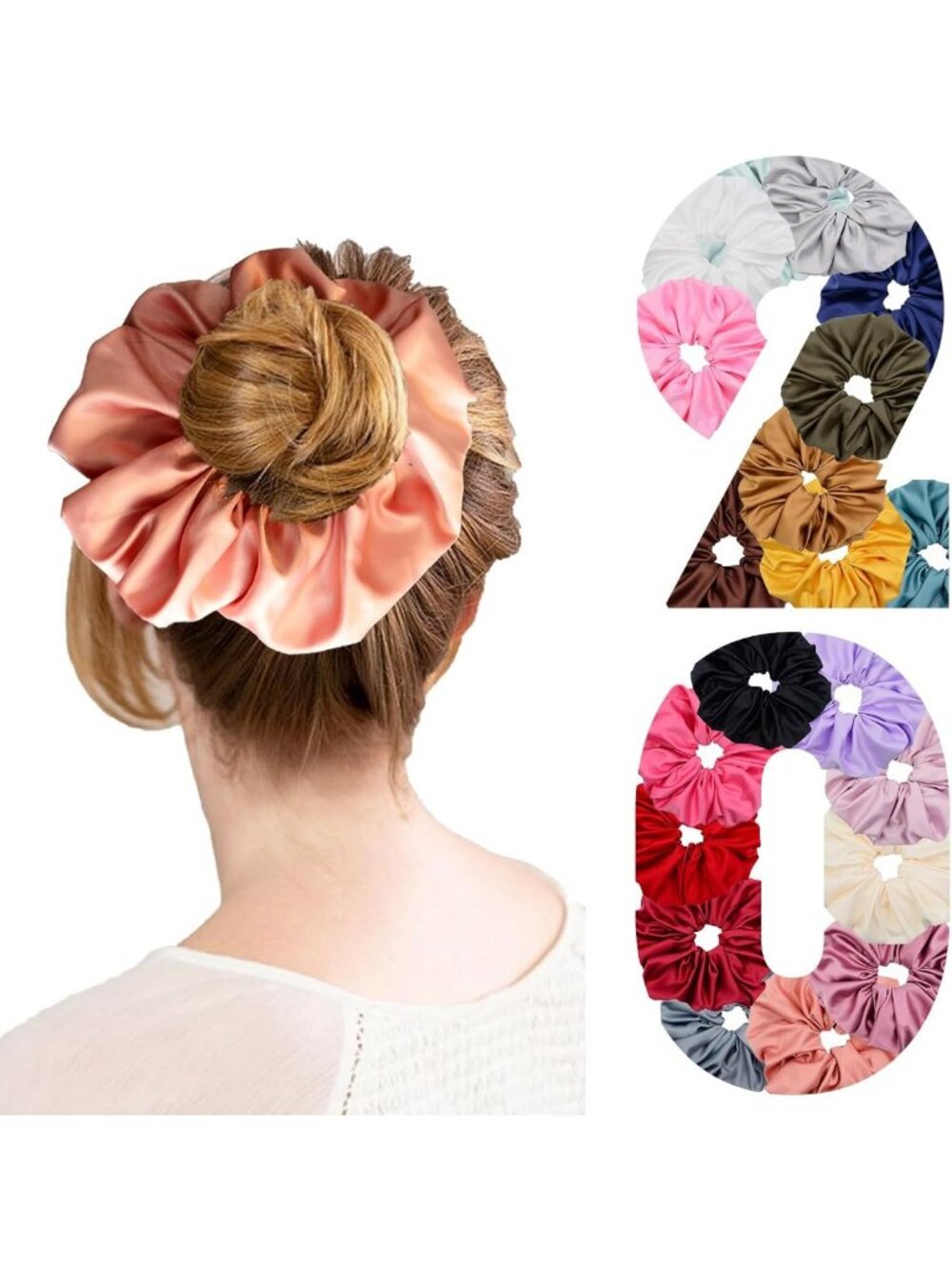 20 Color Oversized Satin Scrunchies - Jumbo Silk Hair Ties for Women & Girls